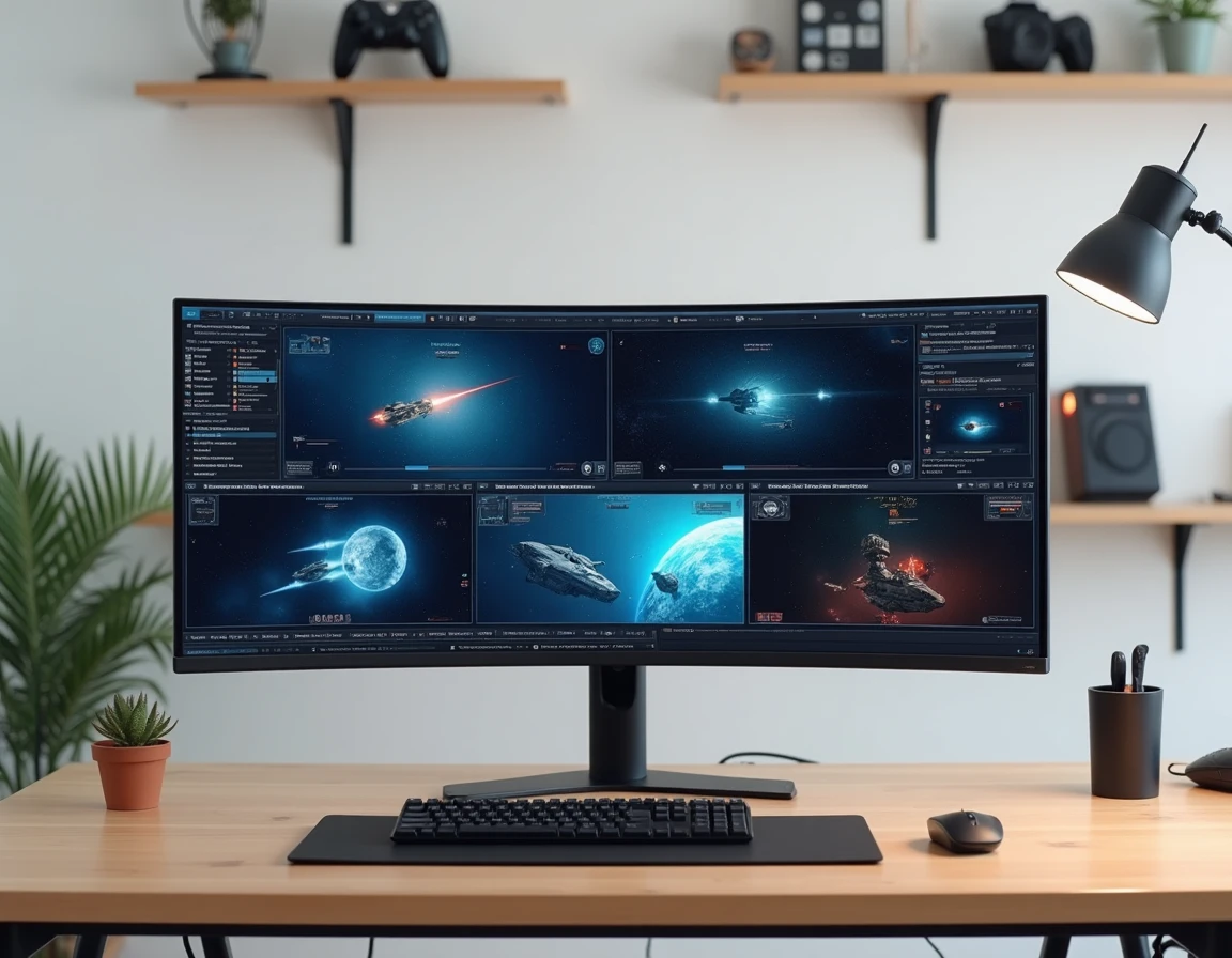 Écran ultrawide 21/9 affichant quatre fenêtres Eve Online en multiboxing sur bureau gaming minimaliste