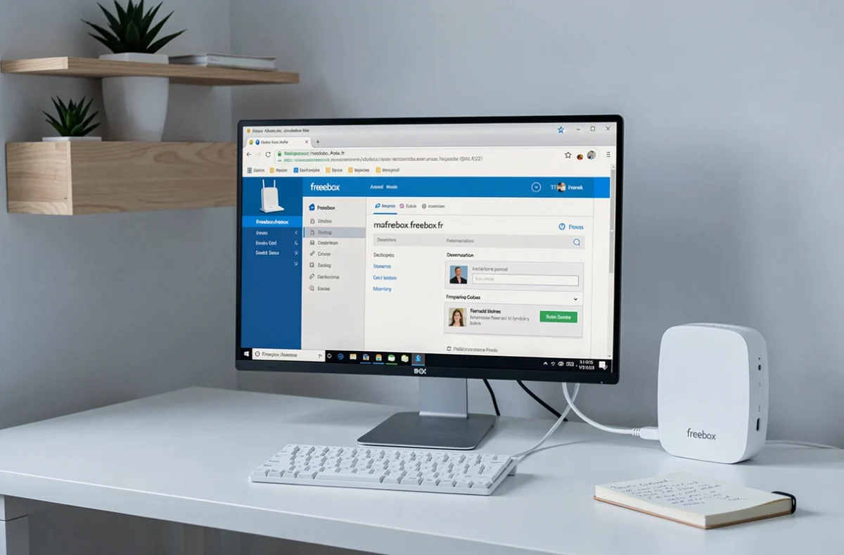 Écran d'ordinateur affichant l'URL mafreebox.freebox.fr dans un navigateur pour accéder à l'interface Freebox