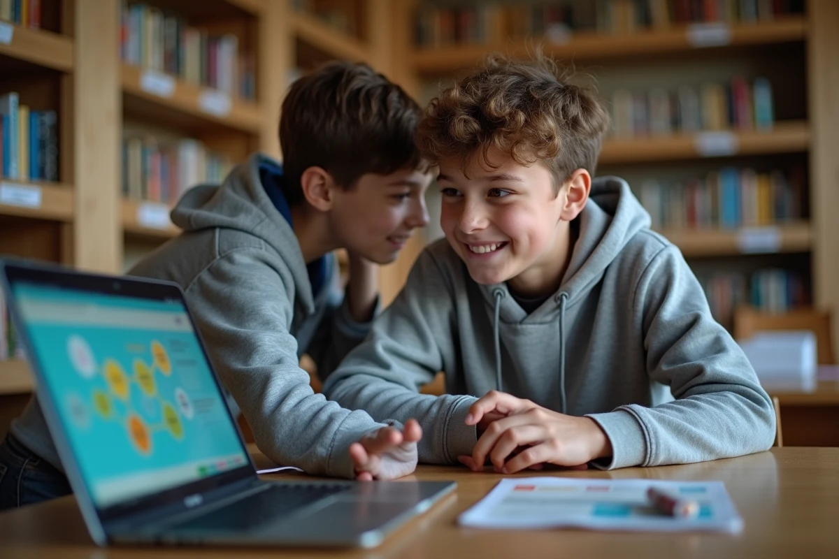 Élève de collège découvrant le jeu Paperclip Universal sur ordinateur portable en bibliothèque scolaire