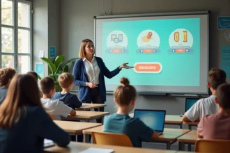 Enseignante présentant le jeu Paperclip Universal sur tableau interactif devant une classe d'élèves de collège