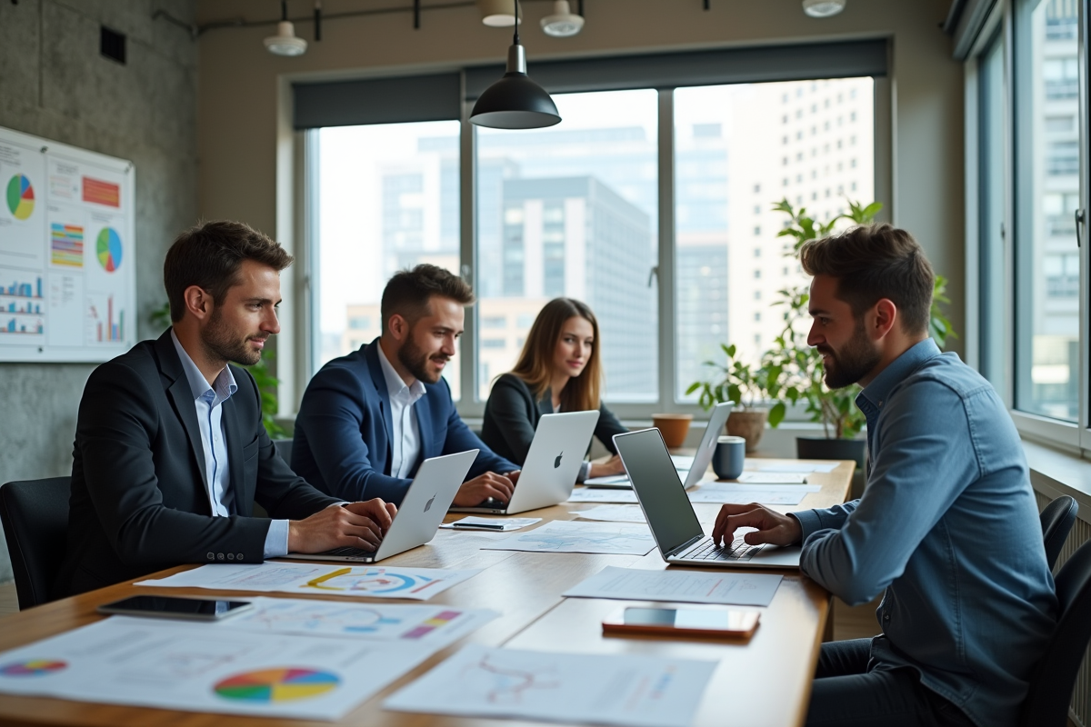 Groupe de jeunes collaborant sur une application blockchain dans un bureau lumineux