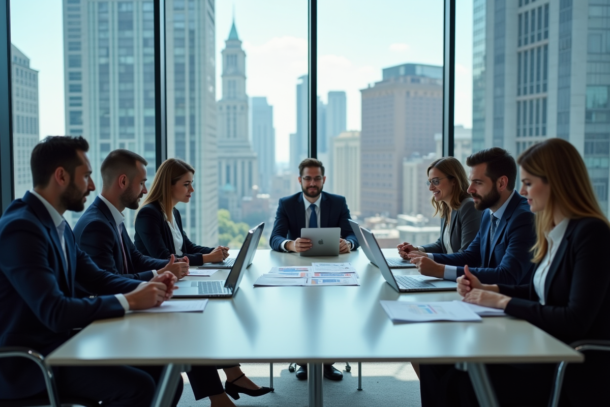 Groupe de professionnels en réunion dans un bureau moderne