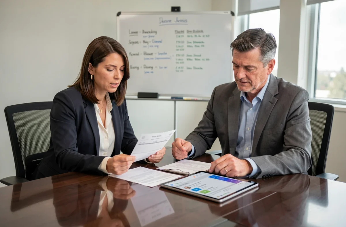 Équipe RH consultant des documents salariés numérisés sur Mypeopledoc en salle de réunion