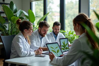 Groupe de scientifiques collaborant dans un bureau lumineux avec plantes