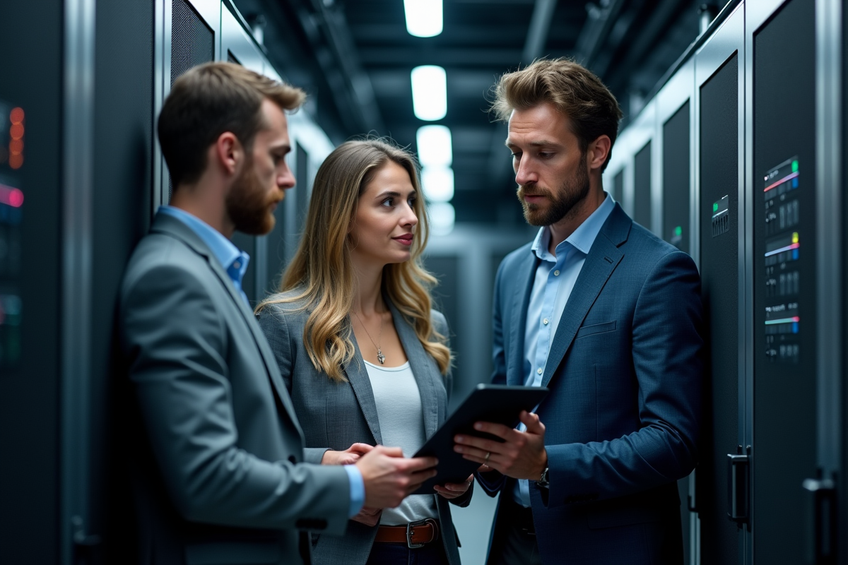 Equipe IT discutant en serveur hightech en salle informatique