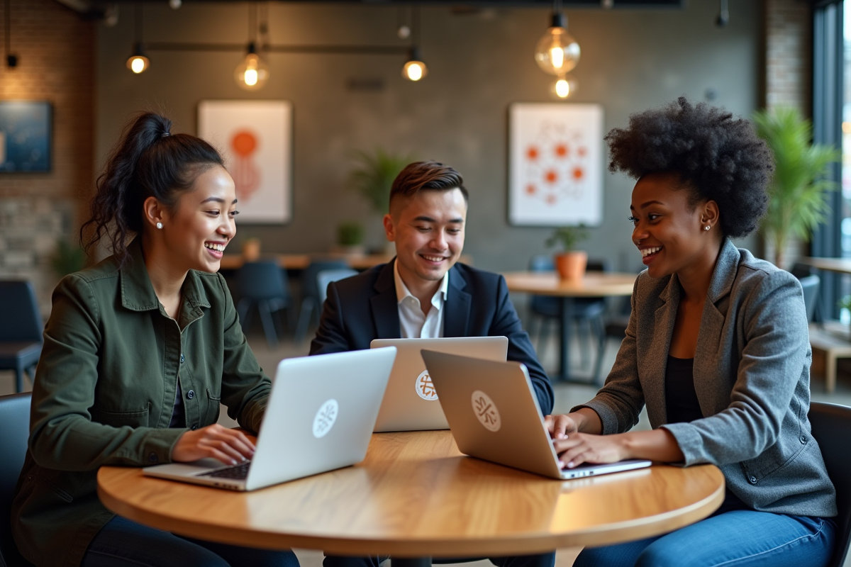 Groupe de jeunes professionnels travaillant sur laptops blockchain