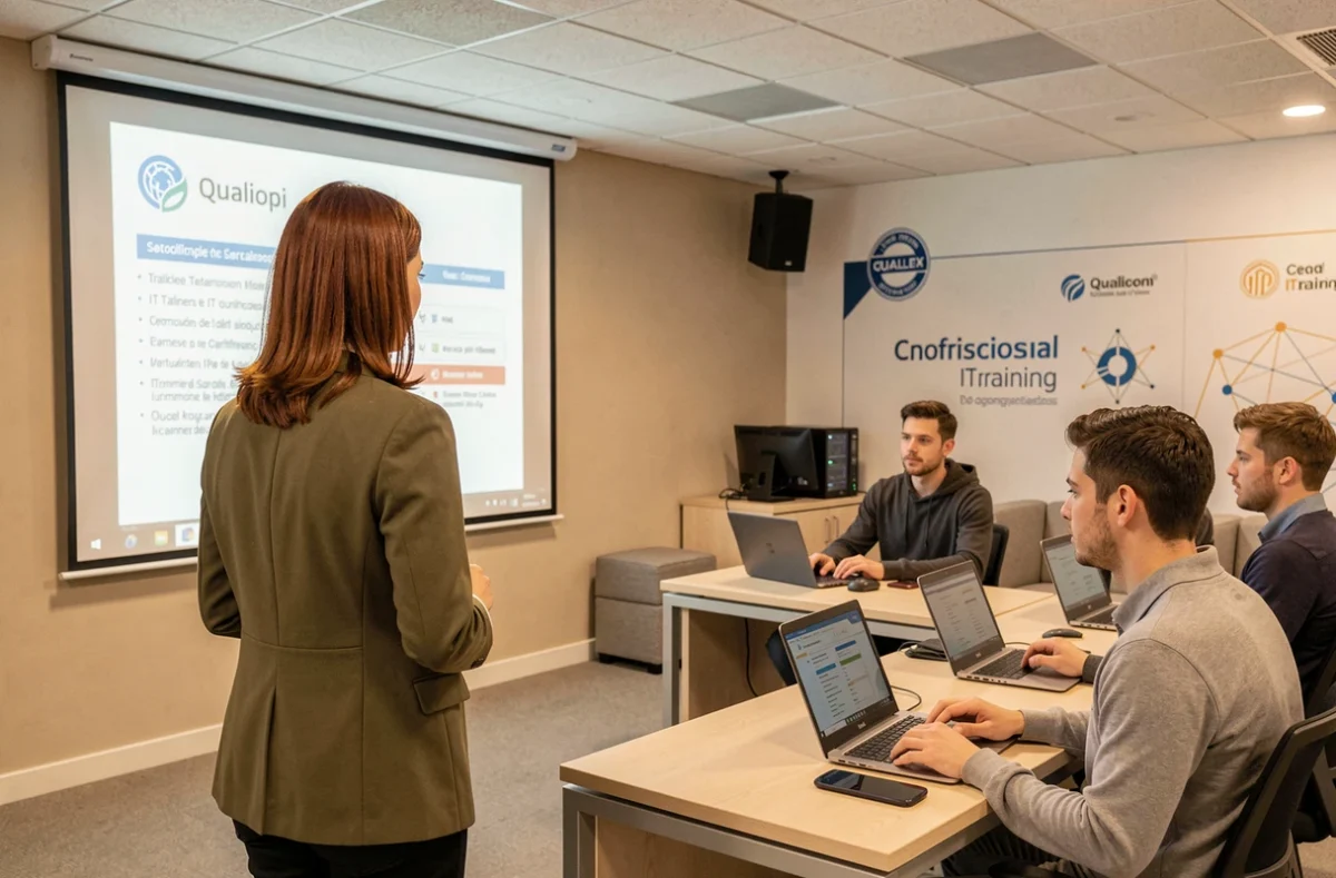 Formatrice de E.S.I.G présentant un curriculum informatique certifié Qualiopi devant des étudiants dans une salle de formation moderne