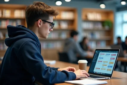 Étudiant en école polytechnique consultant un agenda partagé Zimbra sur son ordinateur portable dans une bibliothèque universitaire moderne