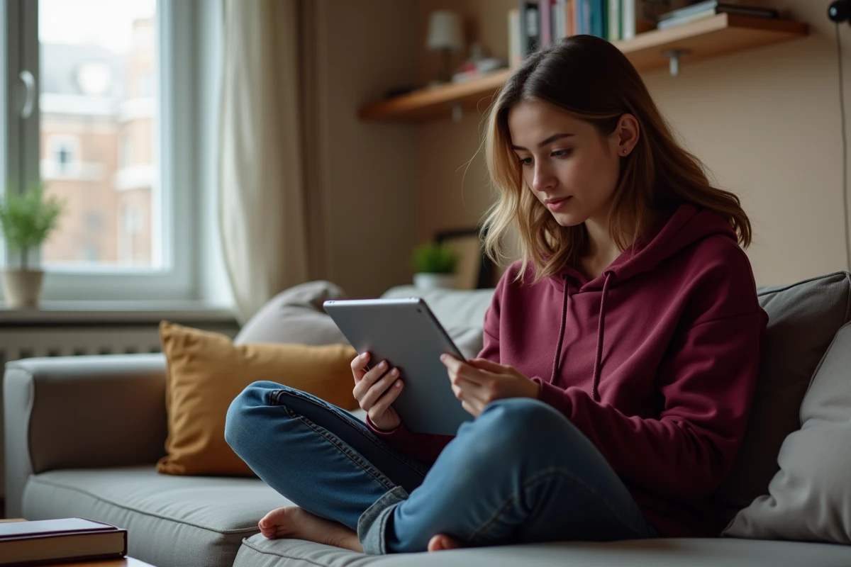 Étudiante accédant au webmail AC Strasbourg sur tablette depuis son appartement