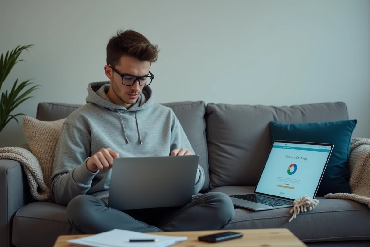 Étudiant en sweat gris sur un canapé regardant impatiemment un webmail qui charge lentement sur son ordinateur portable