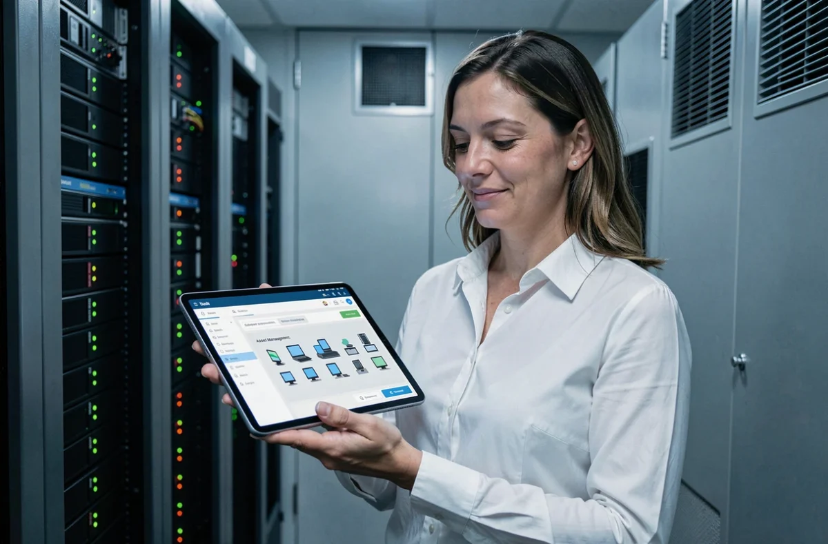 Responsable informatique gérant un parc informatique de PME depuis une tablette dans une salle de serveurs