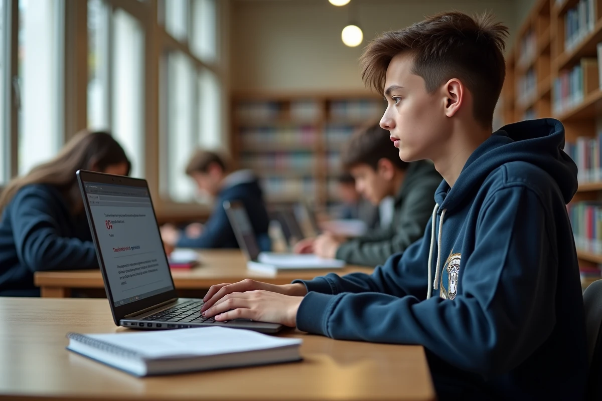Étudiant lycéen pratiquant un exercice de vitesse de frappe AZERTY sur ordinateur portable en bibliothèque scolaire