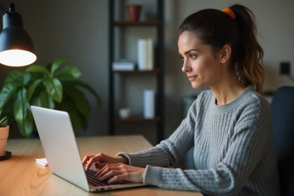Femme accédant à son webmail depuis un ordinateur portable à son bureau à domicile