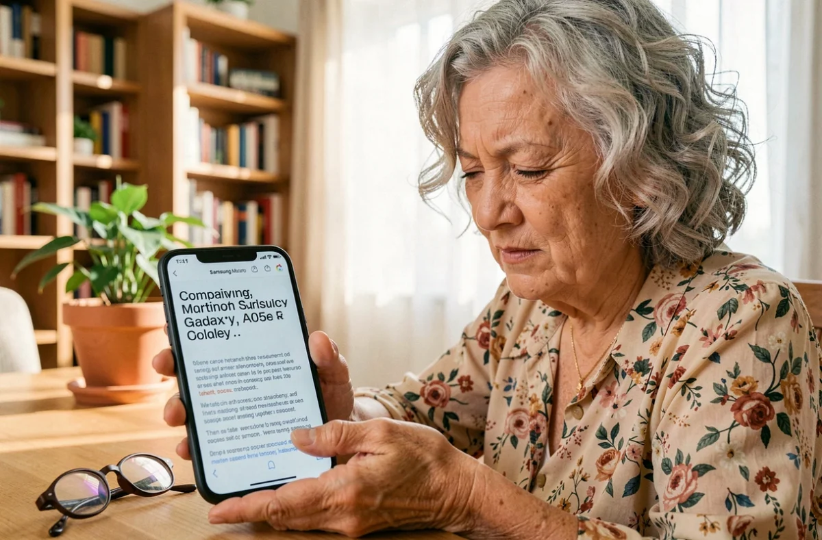 Femme âgée lisant un grand texte sur le Samsung A05s dans son salon