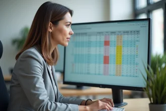 Femme analysant un tableau Excel avec des doublons mis en évidence sur un écran d'ordinateur en bureau moderne