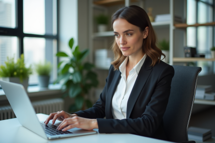 Femme d'affaires analysant emails sur son ordinateur au bureau