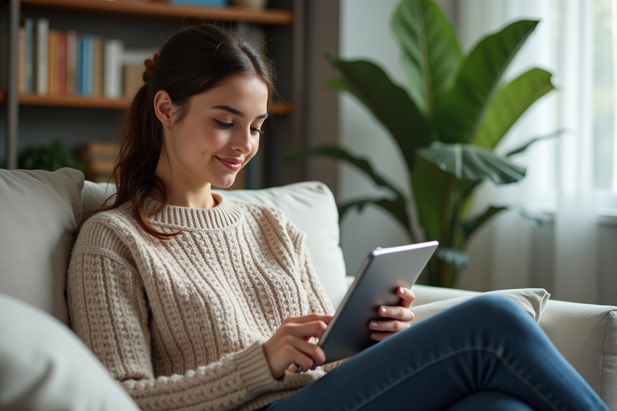 Jeune femme archivant des emails sur une tablette à la maison