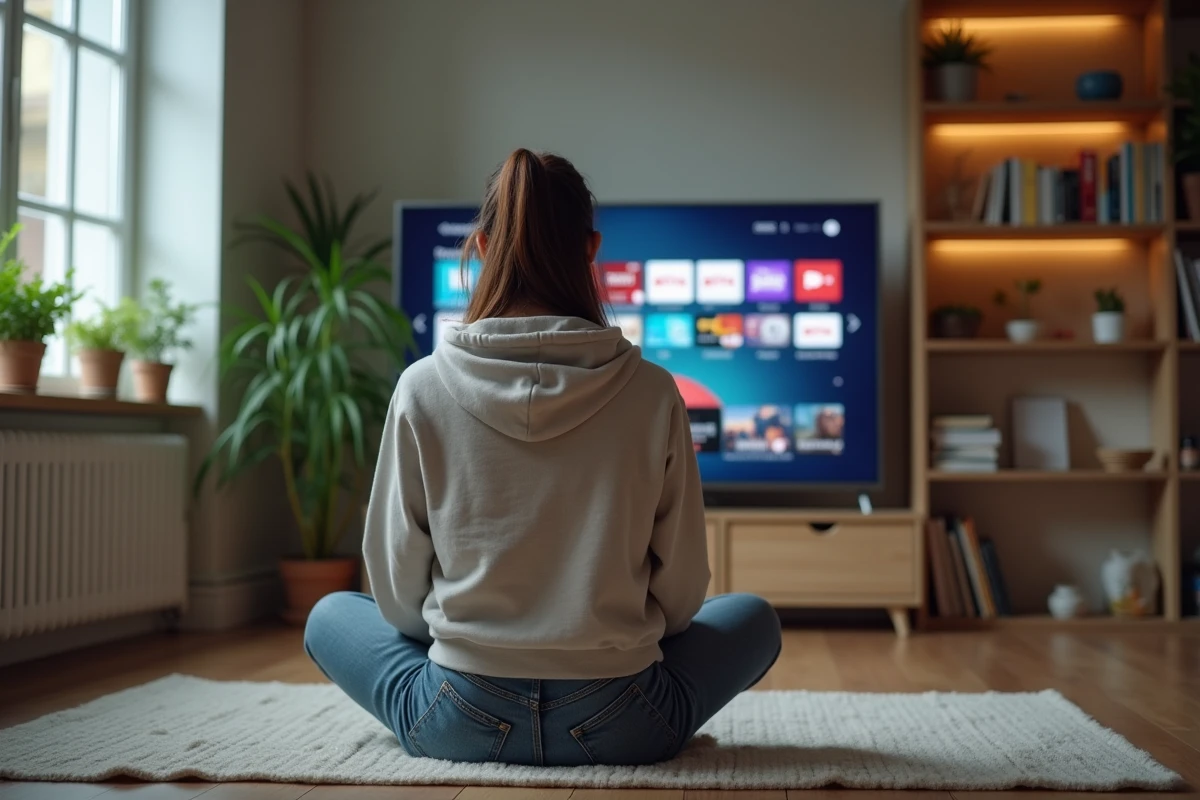 Jeune femme utilisant la télécommande pour naviguer