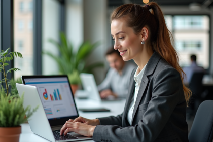 Femme concentrée analysant des graphiques sur son ordinateur au bureau