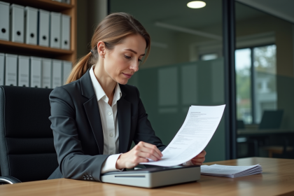 Femme d affaires scannant des documents dans un bureau moderne