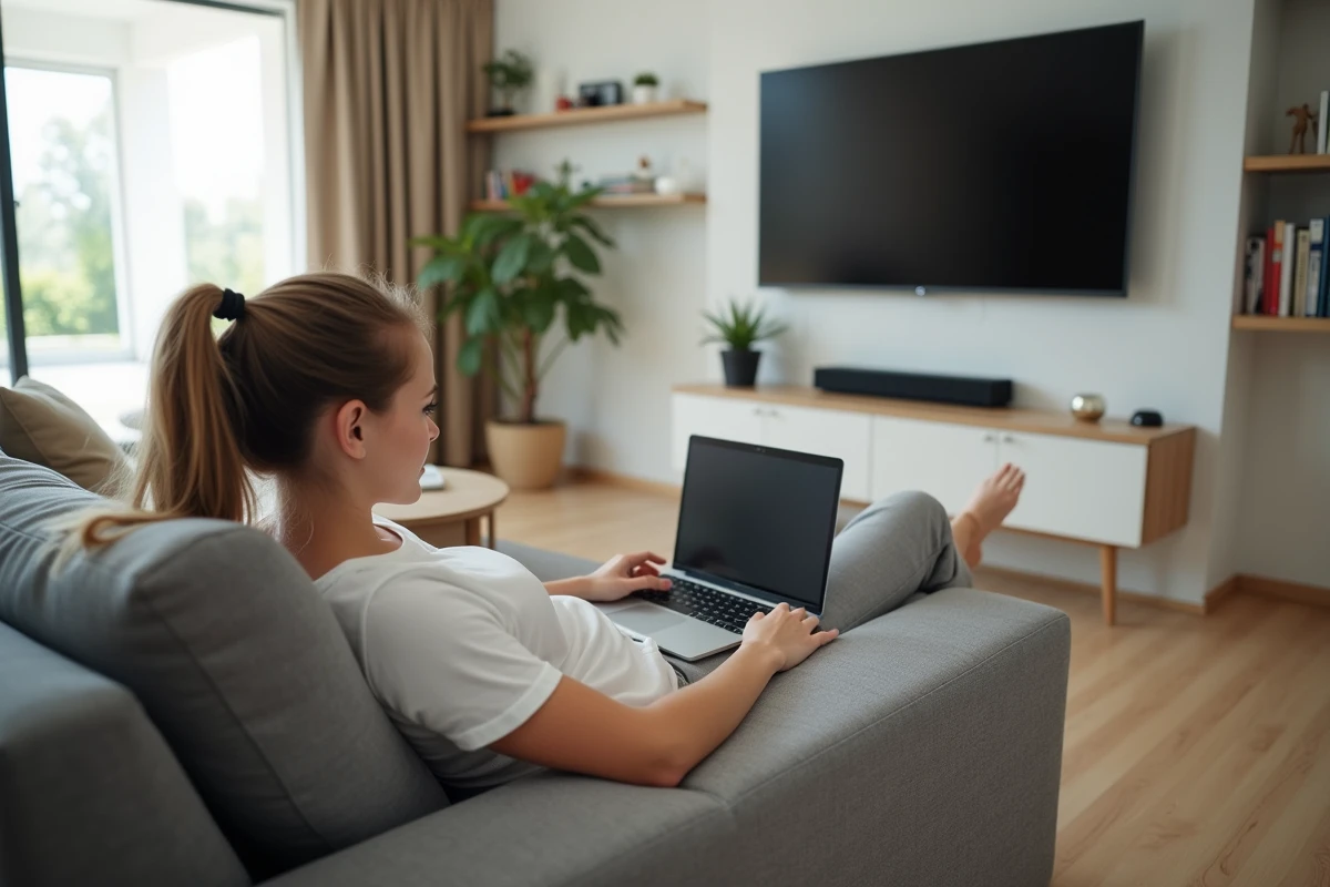 Femme détendue sur canapé naviguant sur un ordinateur portable
