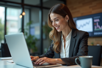 Femme en tenue professionnelle travaillant sur un ordinateur dans un bureau moderne