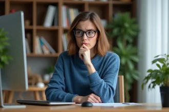 Jeune femme au bureau regardant son ordinateur avec souci