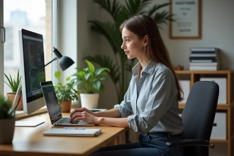 Jeune femme concentrée sur son ordinateur dans un bureau moderne