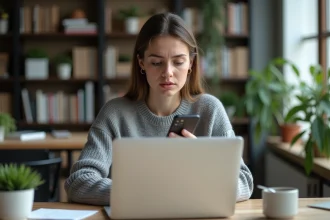 Jeune femme au bureau regardant son ordinateur portable