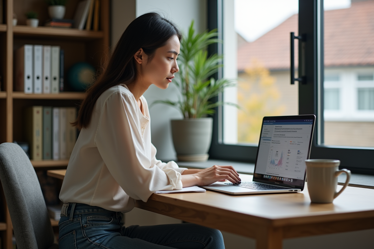 Jeune femme au bureau moderne travaillant sur son ordinateur