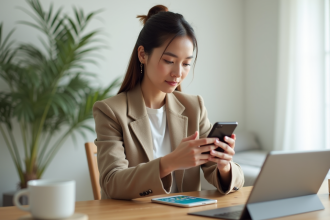Jeune femme au bureau moderne utilisant son smartphone