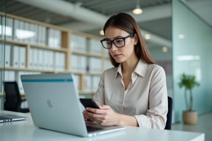 Femme au bureau consulte sa messagerie webmail