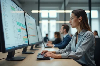 Femme professionnelle calculant des pourcentages sur Excel dans un bureau moderne