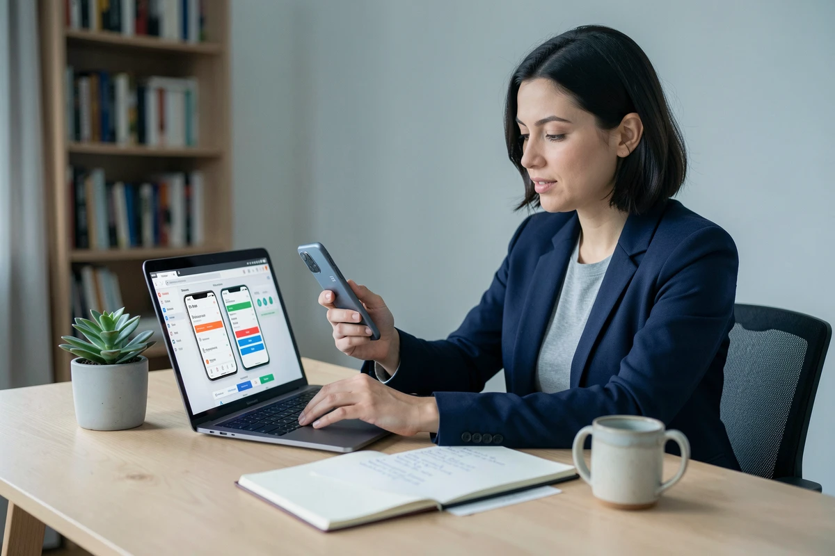 Femme comparant des forfaits 5G sur ordinateur portable avec un smartphone Xiaomi posé sur un bureau à domicile