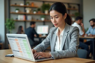 Femme professionnelle comparant les tarifs de logiciels d'emailing sur un ordinateur portable dans un espace de coworking moderne