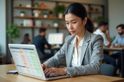 Femme professionnelle comparant les tarifs de logiciels d'emailing sur un ordinateur portable dans un espace de coworking moderne