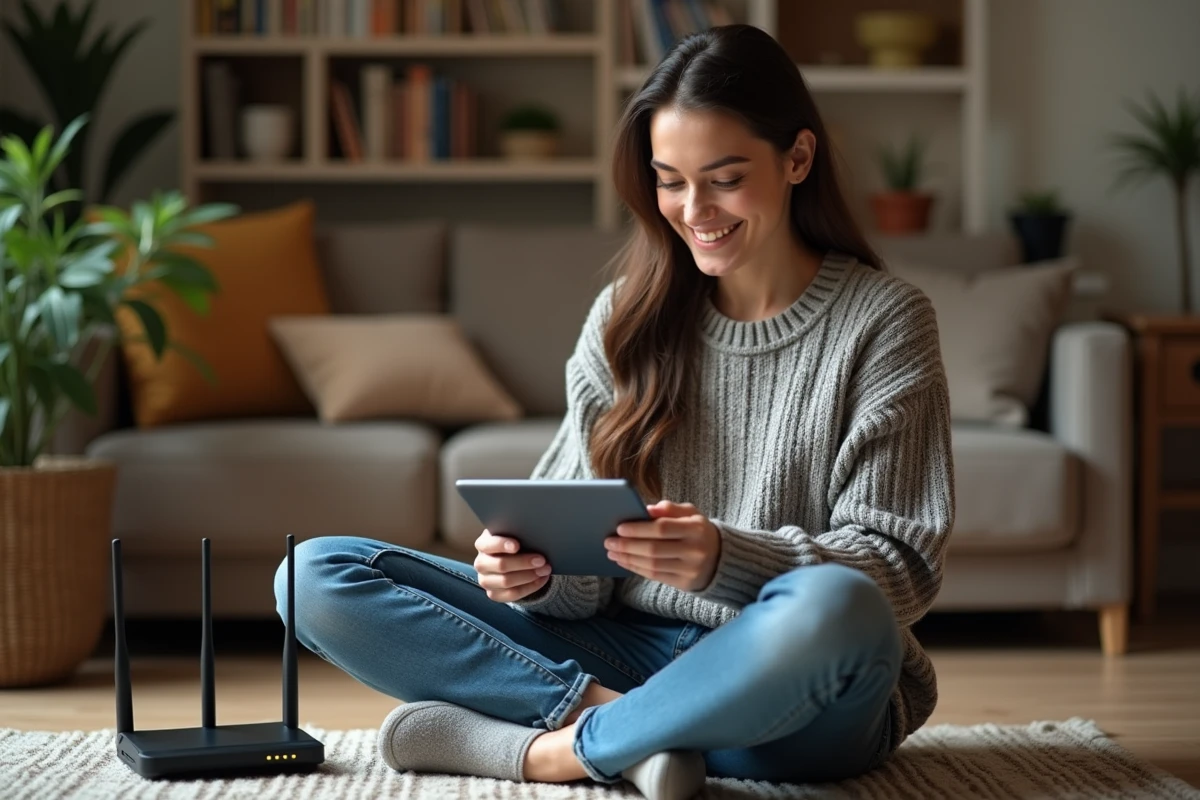 Jeune femme configurant un routeur sans fil avec une tablette dans le salon