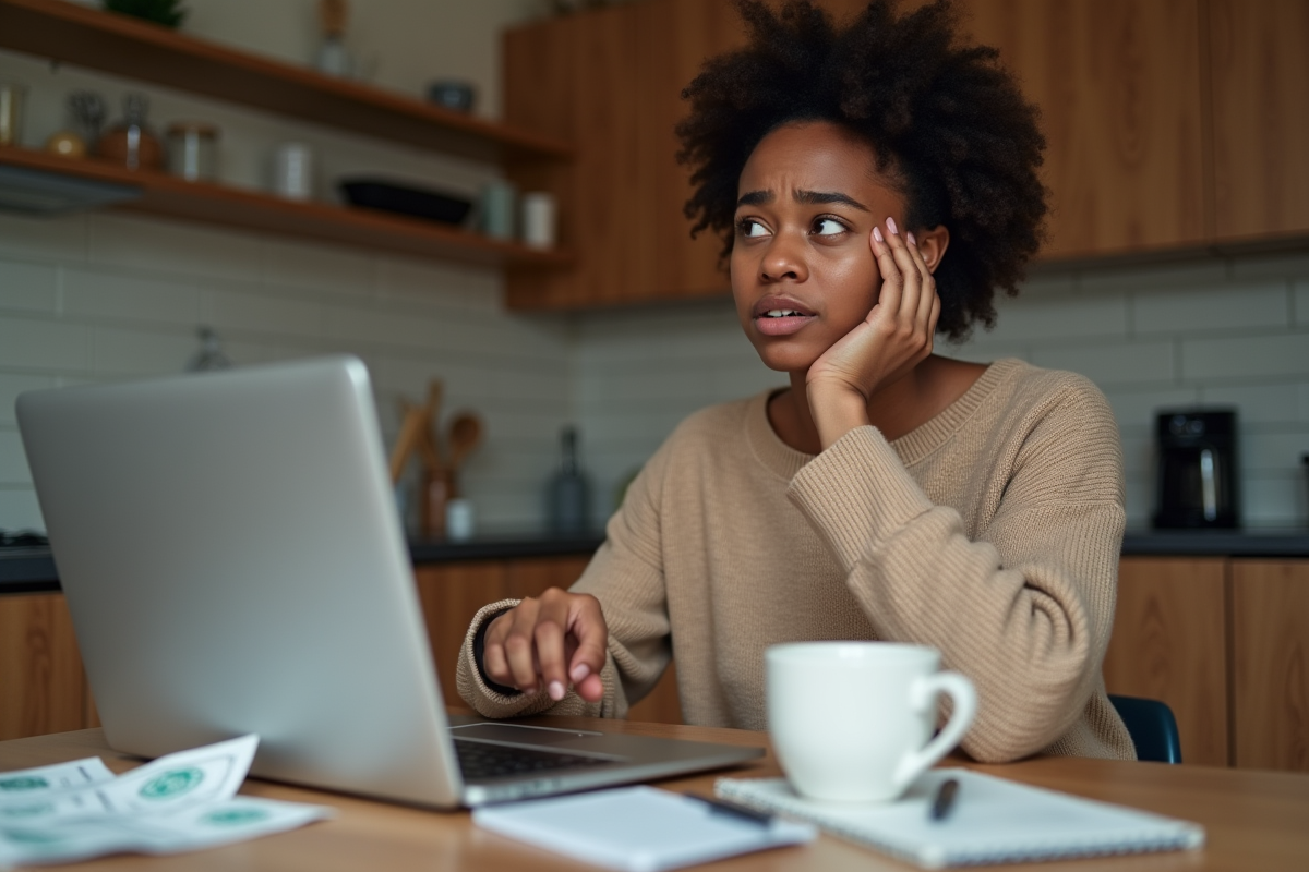 Jeune femme à la maison pointant une alerte sur son ordinateur