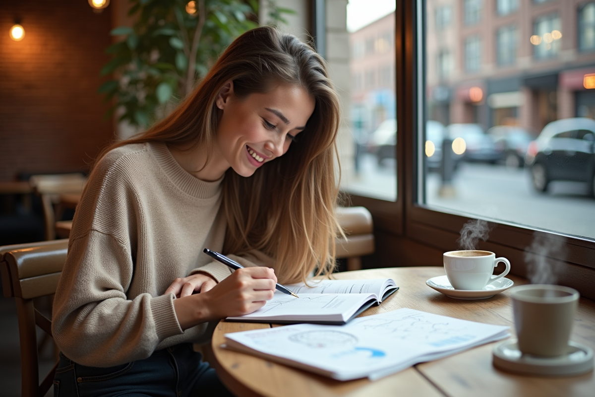 Jeune femme esquissant des graphiques au café