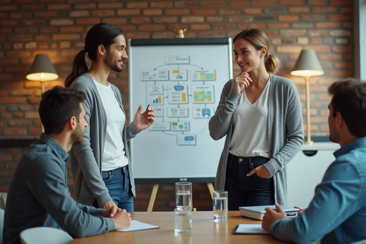 Jeune femme discutant diagramme migration avec collègue en réunion