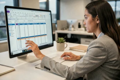 Femme en blazer gris utilisant Excel sur grand écran avec lignes figées visibles en haut du tableau