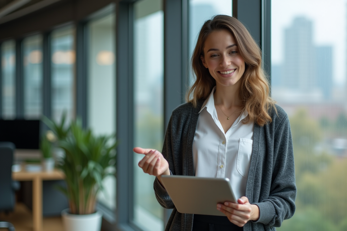 Femme en office moderne examine une erreur Python avec un tablette