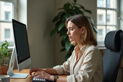 Femme fatiguée utilisant un repose-poignet ergonomique devant son ordinateur de bureau à domicile