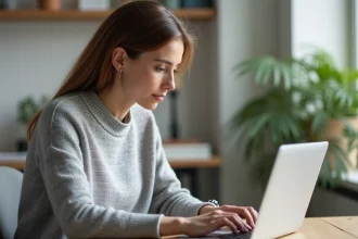 Femme consultant ses mots de passe enregistrés sur Google Chrome depuis un ordinateur portable dans un bureau à domicile