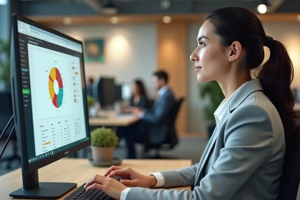 Femme professionnelle créant un graphique semi-circulaire dans Excel sur un grand écran de bureau en open space