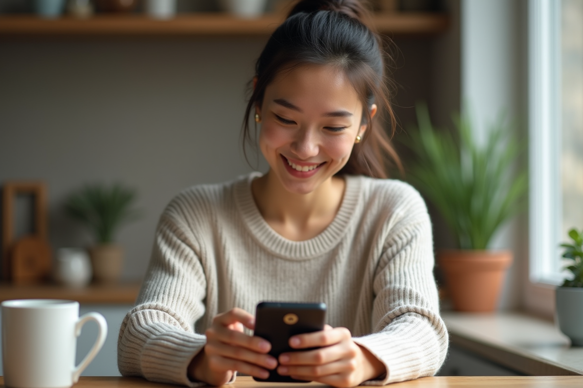 Jeune femme insérant une microSD dans son téléphone Motorola à la maison