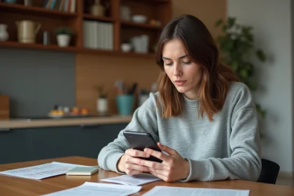 Femme inspectant un Samsung Galaxy reconditionné à une table en bois, comparant les prix et l'état de l'appareil