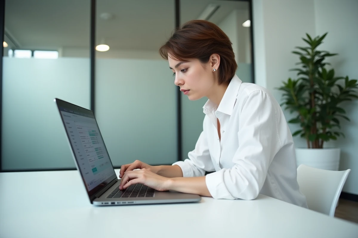 Femme mettant à jour des pilotes sur un ordinateur portable dans un bureau moderne