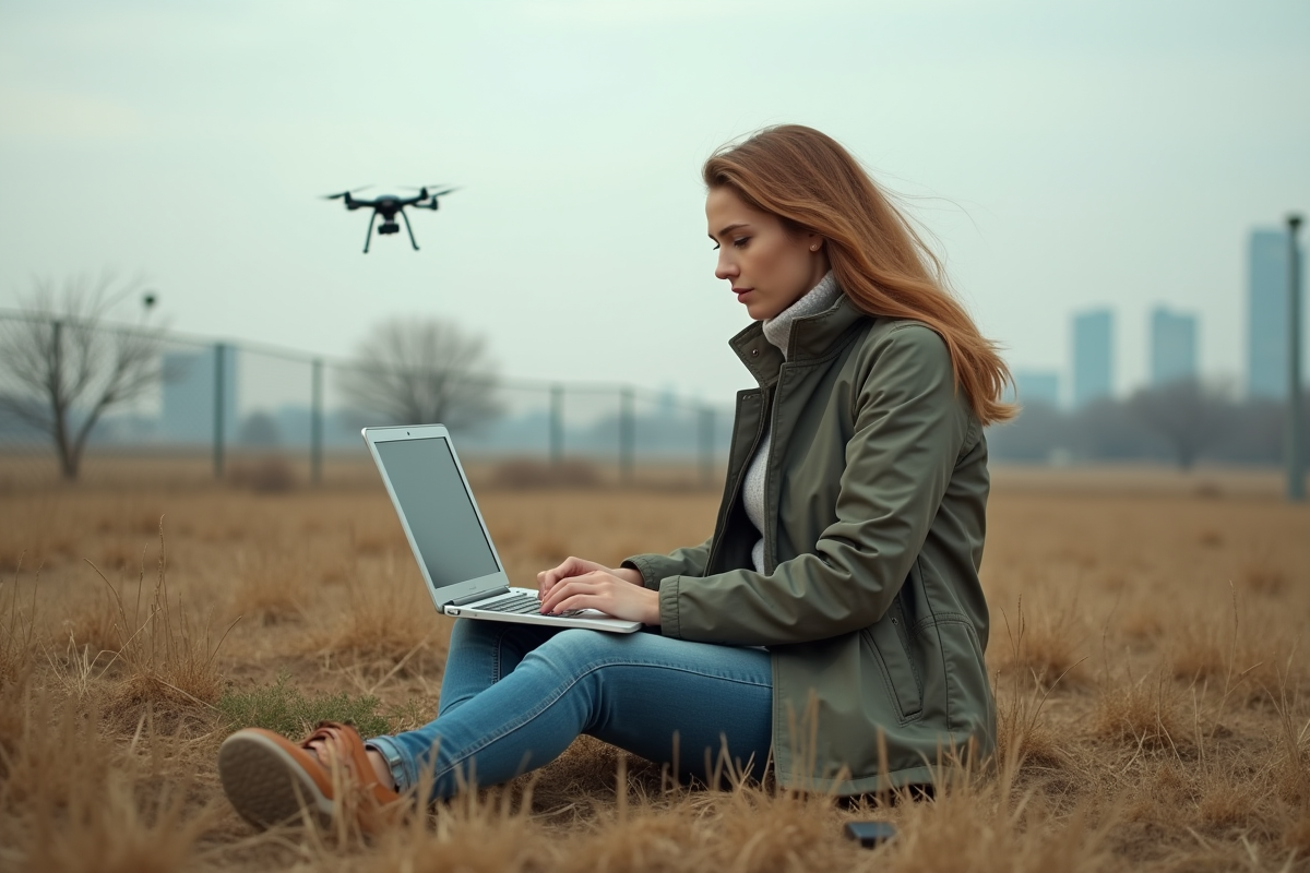 Femme technophile surveillant un drone en plein air
