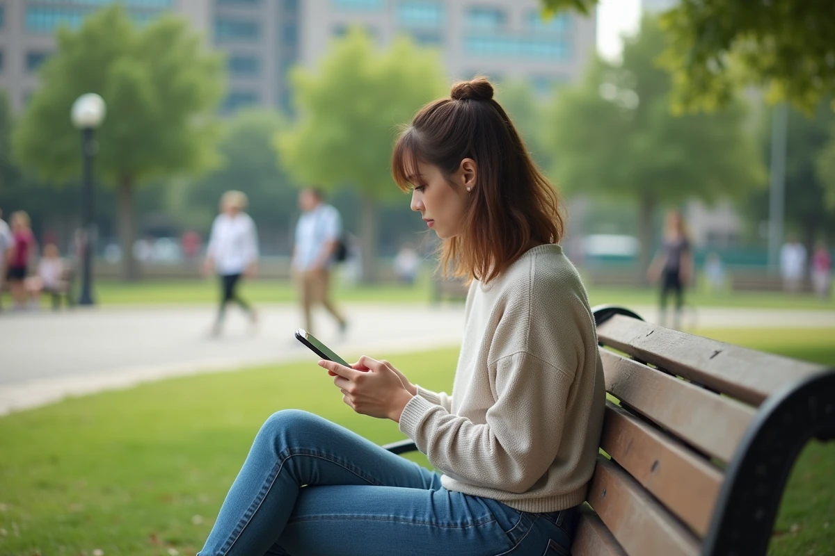 Jeune femme assise dans un parc utilisant son smartphone